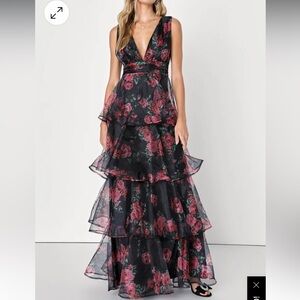 Lulus Garden Radiance Black Floral Print Organza Tiered Maxi Dress
